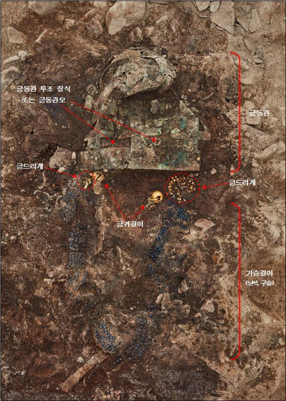 황남동 신라 무덤 120-2호분에서 금동관, 금드리개, 금귀걸이, 가슴걸이 등이 발굴로 노출된 모습.