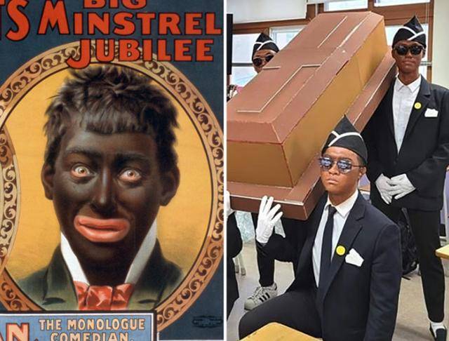 대표적인 인종차별적 행위인 블랙페이스의 원조, 19세기 민스트럴쇼 포스터(왼쪽)와 의정부고의 '관짝소년단' 패러디 졸업사진. 미 의회도서관 페이스북 캡처