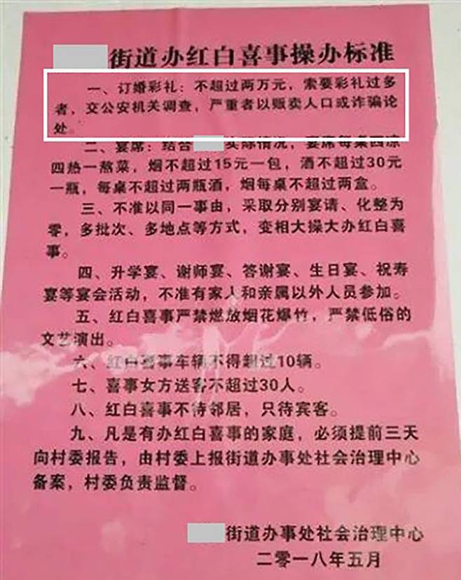 허난성 란카오현 한 지역의 결혼 지침. '차이리는 2만 위안을 넘겨서는 안 되며 심각하게 위반한 자는 인신매매나 사기죄로 처벌받게 하겠다'는 내용이 담겨 있다.