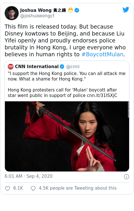 A tweet by Hong Kong activist Joshua Wong urging people to boycott the film. [TWITTER]