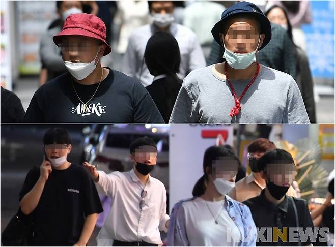 서울 명동 거리와 건대 번화가에서 마스크를 턱에 걸치거나 코만 내놓은 채 거리를 활보하는 시민들이 보인다.