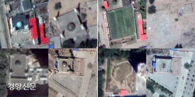 중국 신장 북부지역 이슬람 유적을 촬영한 위성사진. 2016년 이전 촬영된 사진(왼쪽) 속에 등장하는 시설들이 2018년 촬영된 사진에는 보이지 않는다. ASPI 제공