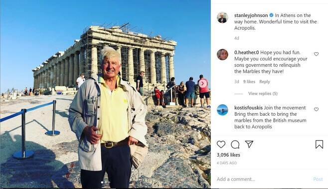 그리스 방문 사진을 소셜미디어에 올린 스탠리 존슨 [인스타그램 캡처. 재판매 및 DB 금지]