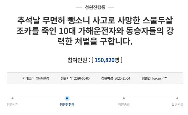 A씨의 삼촌 안일(56)씨가 청와대 국민청원 게시판에 올린 게시글. 이날 오후 1시 10분 기준 15만명의 동의를 받았다. 국민청원 게시판 캡처