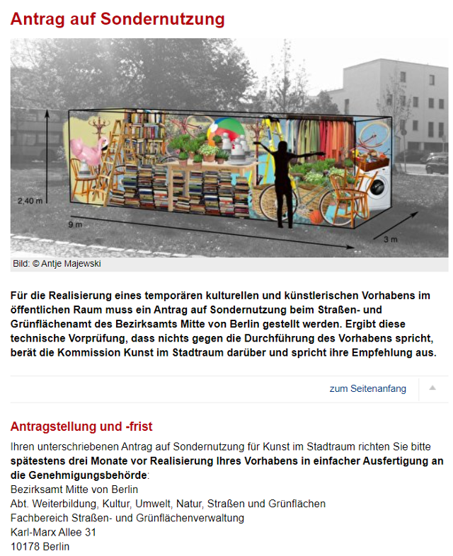 베를린 소녀상 등 공공부지 내 예술품 설치 신청절차가 적혀있는 베를린 주 정부 홈페이지. 해당 홈페이지에는 구청 내 도로녹지청에 신청서를 접수해야 한다는 내용이 적혀있다. 사진=베를린 주 정부 홈페이지 캡쳐