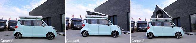 루프탑텐트는 후면부의 고정 장치 2개만 풀어주면 쉽게 설치된다(대략 1분 이내)