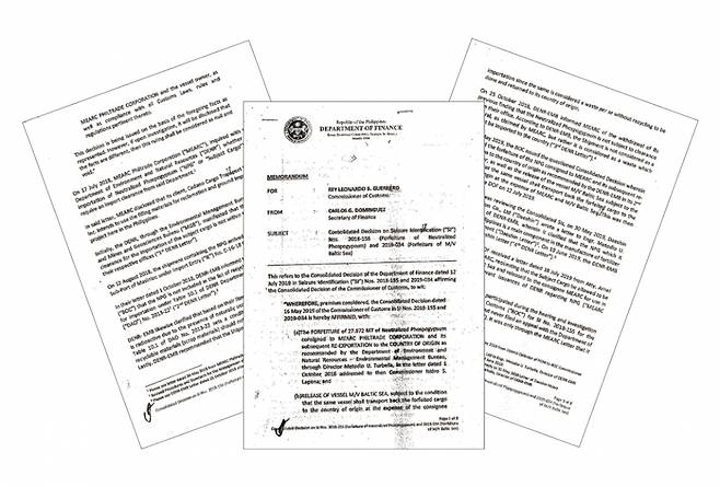 필리핀 재무부 장관이 필리핀 관세청장에게 보낸 행정명령서. 부영이 수출한 폐석고를 한국으로 반송하라는&nbsp;취지의 내용이 담겼다.