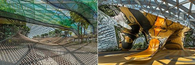 주얼 5층의 캐노피 공원에 있는 액티비티 시설. 왼쪽은 정원의 나무들 사이를 다닐 수 있는 `스카이 네츠`. 오른쪽은 `디스커버리 슬라이드`다. /사진 제공=창이국제공항