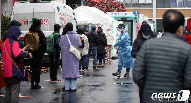22일 오전 서울 중구 국립중앙의료원에 마련된 선별진료소에서 내원객들이 코로나19 검사를 위해 줄을 서서 대기하고 있다./사진제공=뉴스1