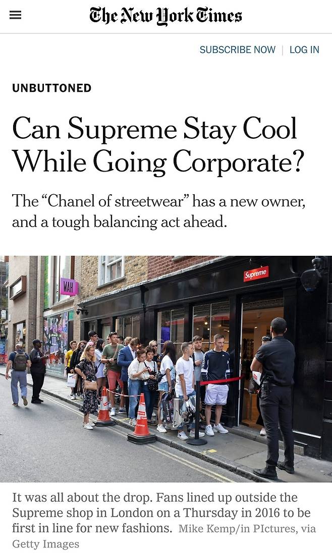 대기업이 인수한 슈프림이 앞으로도 '쿨함'을 유지할 수 있을까 걱정하는 뉴욕타임스의 지난 10일(현지 시각) 보도.