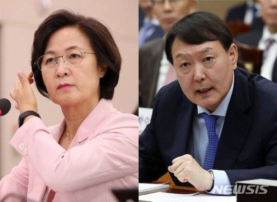 조미연판사 판단에 따라 희비가 갈릴 추미애 법무부 장관(왼쪽)과 윤석열 검찰총장. 뉴시스