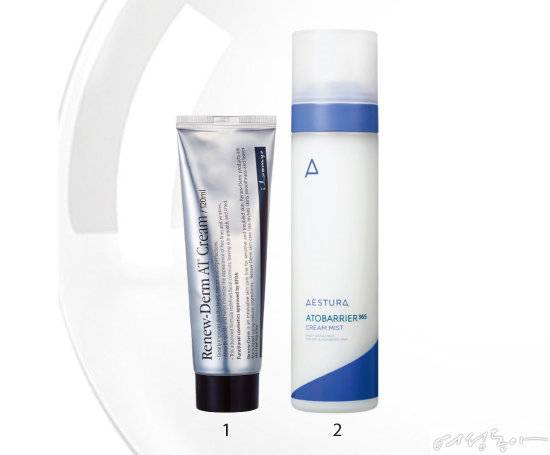 1 이로미스 리뉴-덤 AT 크림 120ml 14만원. 2 에스트라 아토베리어365 크림 미스트 120ml 1만8천원.