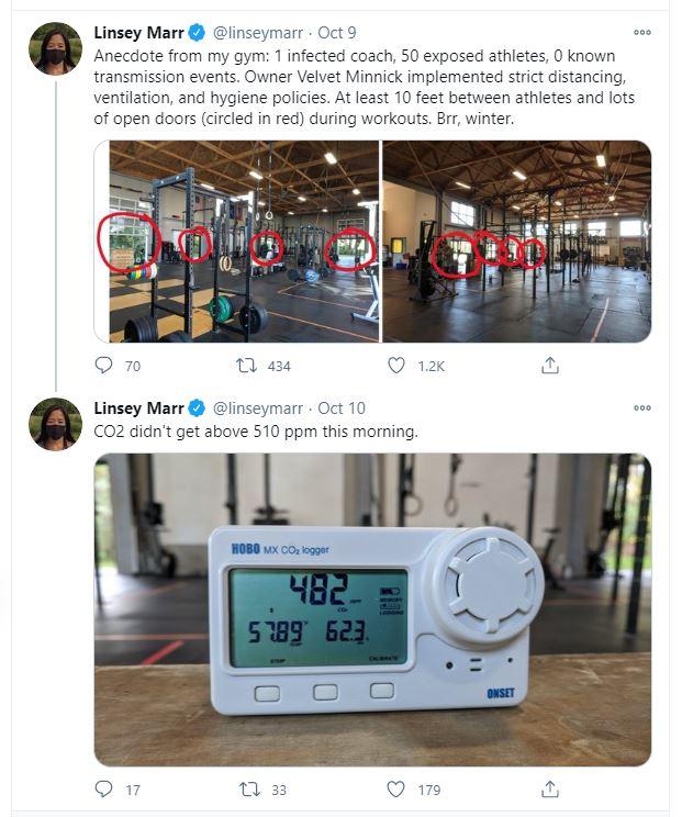 미국 버지니아주 블랙스버그의 460피트니스 회원인 린지 마가 신종 코로나바이러스 감염증(코로나19) 확산을 막을 수 있었던 클럽 내 시설 구조를 자랑한 게시물을 자신의 트위터에 올렸다. 린지 마 트위터 캡처