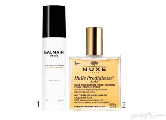 1 발망헤어 스타일링 젤 스트롱 100ml 5만2천원. 2 눅스 윌 프로디쥬스 멀티 리치 오일 100ml 5만5천원.