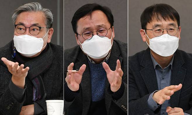 김영원 숙명여대 통계학과 교수(한국통계학회 회장), 김춘석 한국리서치 여론조사본부장, 최연옥 통계청 조사관리국장(왼쪽부터)이 16일 서울 용산구 세계일보 본사에서 통계조사 현실과 통계조사가 나아갈 방향에 토론하고 있다. 남정탁 기자