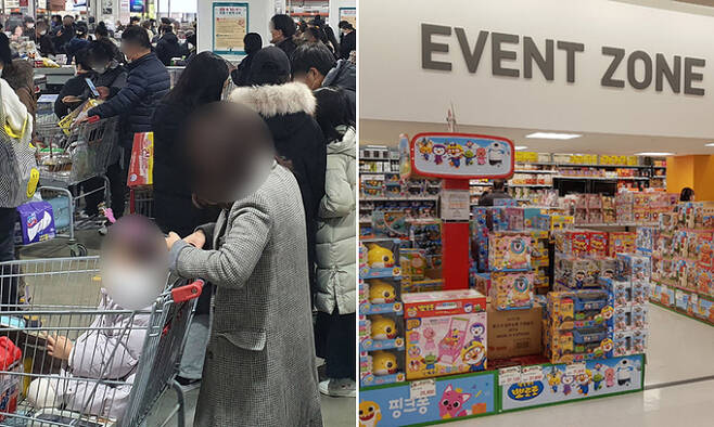 (왼쪽 사진) 20일 서울 시내 한 대형마트가 고객들로 붐비고 있다. 반면 다른 대형마트 크리스마스 선물 코너는 한산한 모습이다. 이재문·백소용 기자