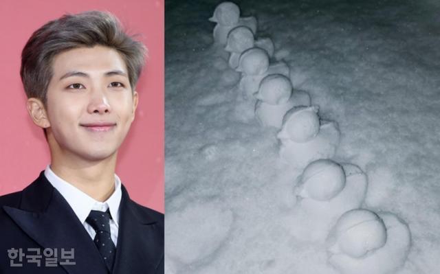 그룹 방탄소년단 RM이 동심이 묻어나는 '눈 오리'를 선물했다. 한국일보 자료사진, 방탄소년단 공식 SNS