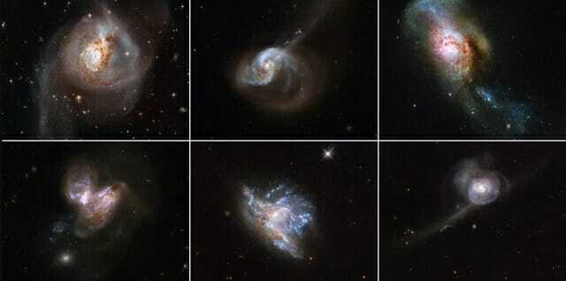 ESA에 공개한 은하 충돌의 모습. 위쪽부터 NGC 3256, NGC 1614, NGC 4194 은하, 아래쪽은 NGC 3690, NGC 6052, NGC 34 은하(사진=NASA/ESA)