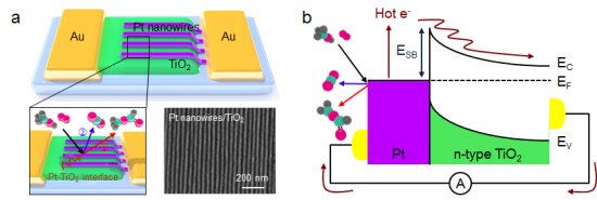 백금 나노선을 타이타니아에 증착시켜 제작한 핫전자 촉매소자를 이용한 금속-산화물 계면에서 촉매 반응에 의해 생성되는 핫전자 이동 검출