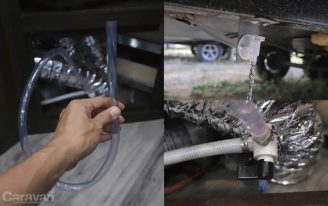 미국식 트레일러는전용 액체를 주입해 겨울철 동파를 예방하거나 물펌프를 작동해배관 내 물기를 제거