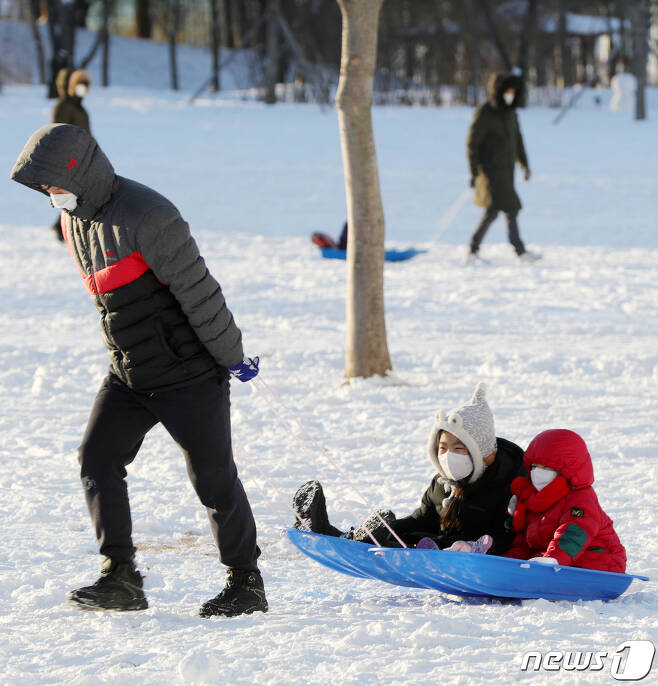 8일 전북 전주시 송천동 한 공원에서 가족 단위의 시민들이 눈썰매를 즐기고 있다. 2021.1.8/뉴스1 © News1 유경석 기자
