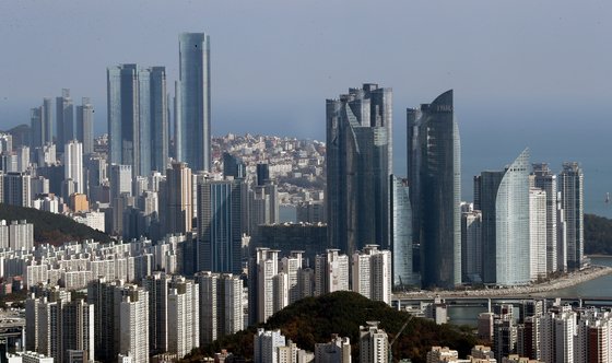 조정대상지역으로 다시 지정된 부산. 해운대구 일대 아파트와 고층빌딩 모습. ［연합뉴스］