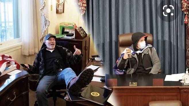 미 의회 의장 책상에 구둣발…단상서 트럼프 승리 선언도