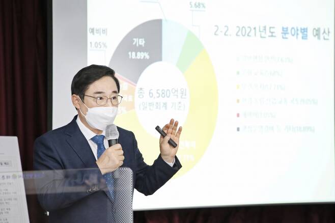이동진 도봉구청장이 '2021년 예산안 설명회'에서 예산을 설명하고 있다./사진제공=도봉구