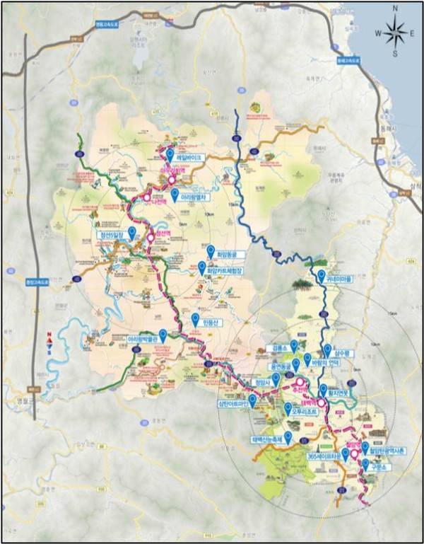 백두대간 문화철도역 연계협력사업 위치도