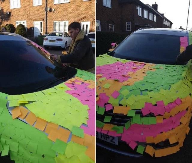 영국 런던의 데이브 홀크로프트라는 남성은 주택 진입로를 막은 차량에 포스트잇을 빼곡히 붙여 복수했다. 데이브 페이스북 영상 캡처