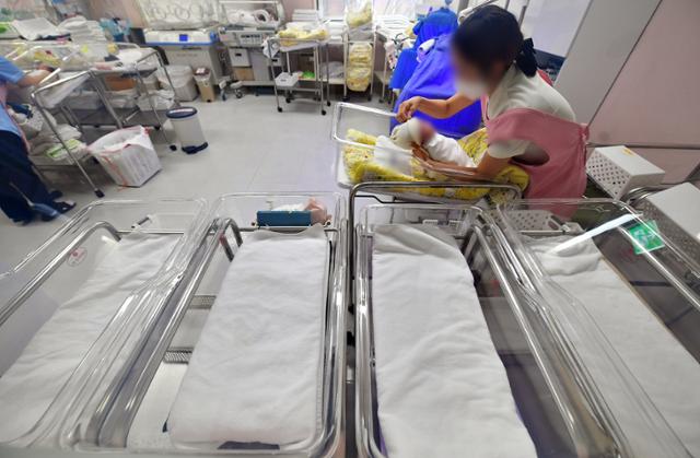 [수원=뉴시스] 대한민국의 저출산 고령화 인구 절벽의 위기가 현실화되고 있다. 경기 수원시 한 병원 신생아실의 모습.