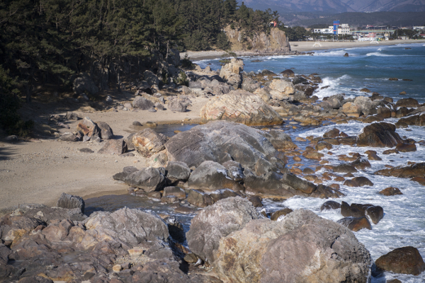 전망대 인근 바닷가에 기묘하게 자리잡은 거북바위.