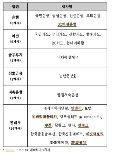 마이데이터 예비허가를 받은 28개사 목록. 연합뉴스