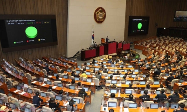 지난해 12월 14일 국회 본회의에서 대북전단을 금지하는 남북관계 발전에 관한 법률 일부개정법률안이 통과되고 있다. 연합뉴스