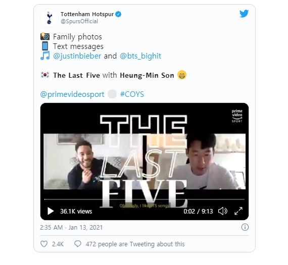 '라스트 파이브' 손흥민편의 한 장면. [토트넘 구단 트위터. 재판매 및 DB 금지]