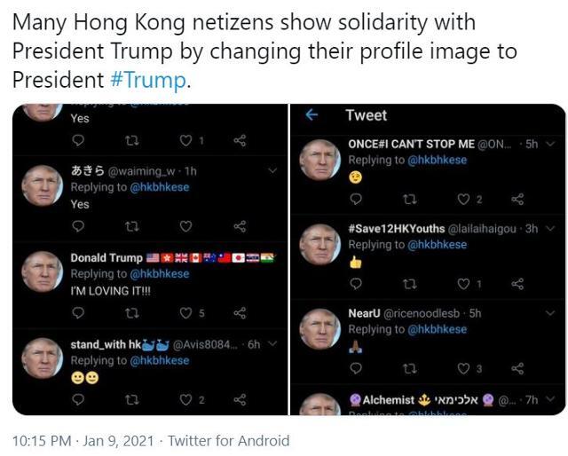 프로필 사진을 도널드 트럼프의 트위터 프로필로 바꾼 중국 네티즌들. 트위터 캡처
