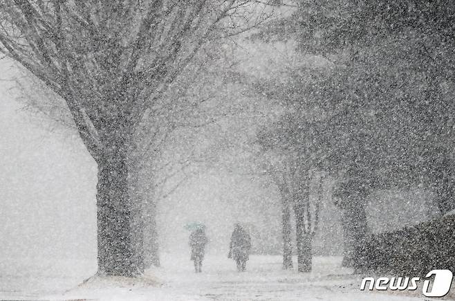 폭설이 내리고 있는 12일 오후 서울 여의도 국회에서 우산을 쓴 시민들이 발걸음을 재촉하고 있다. /사진=뉴스1