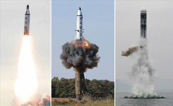 왼쪽부터 북한이 2016년 8월 시험발사한 잠수함발사탄도미사일(SLBM) 북극성과 2017년 2월 지상발사용으로 개조해 발사한 북극성-2형, 맨 오른쪽은 신형 SLBM 북극성-3형이다. 북극성 1형과 2형은 탄두부가 뾰족한 모양이지만 3형은 둥글다. 연합뉴스