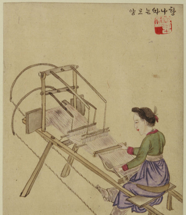 옷감을 짓는 일을 하는 여성을 묘사한 풍속화. 의복 관련 노동은 여성이 재산을 늘리는 주요한 수단이었다. 