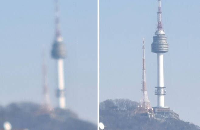 갤럭시 S21의 20배 줌 카메라로 촬영한 남산서울타워(왼쪽 사진)와 ‘줌락’ 기능으로 얻은 선명한 화질의 사진.    조미덥 기자