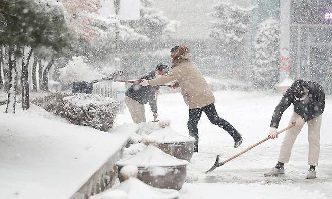 서울 지역에 눈이 내린 지난 12일 오후 서울 성동구 성동구청에서 구청 직원들이 구청사 주변 보행로에 대한 제설 작업을 하고 있다. 뉴시스
