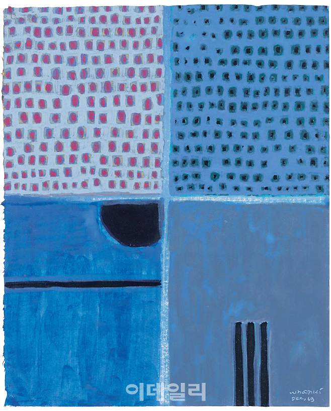 김환기의 ‘Ⅶ-69’(1969). 종이에 그린 유화 작품으로 전면점화 ‘22-Ⅹ-73 #325’와 함께 20일 여는 케이옥션 ‘1월 경매’에 추정가 1억 5000만∼3억원을 달고 나선다. 십자구도로 분할한 화면의 상단에는 각기 다른 색의 점을 채웠고 하단에는 비교적 자유로운 선과 도형을 배치했다(사진=케이옥션).