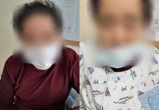 임정미(61)씨의 남편 박모(당시 65세)씨가 코로나19로 지난해 사망하기 전 모습. 박씨는 확진 판정을 받기 하루 전인 2월 20일에 평소 입던 와인색 티셔츠를 입었고(왼쪽), 다음날 양성 판정을 받아 격리되기 직전 환자복으로 갈아입었다. 박씨는 사망한 뒤 수의 대신 환자복을 입은 채 화장됐다. 임정미씨 제공