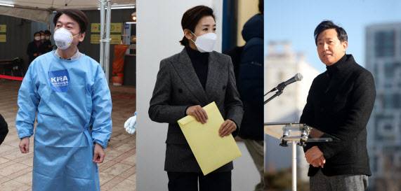 4·7 서울시장 보궐선거 출마에 나선 범야권 후보인 안철수 국민의당 대표(왼쪽부터)와 나경원 전 자유한국당 원내대표, 오세훈 전 서울시장. (사진=연합뉴스)