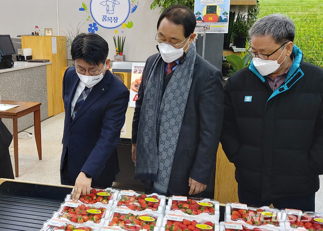 정용왕 농협경기지역본부장(왼쪽) 19일 김포농협 하나로마트에서 설 명절 대비 식품안전 점검을 하고 있다