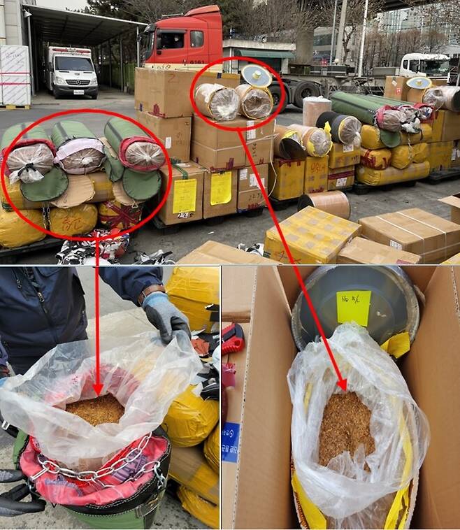 복싱용 샌드백 등에 담배 13만갑 상당을 제조할 수 있는 중국산 파쇄 담뱃잎을 숨겨 밀수한 중국인들이 세관에 붙잡혔다. 인천본부세관 제공