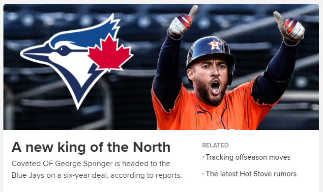 MLB 외야수 조지 스프링어와 토론토 블루제이스 구단의 계약 소식을 전하는 MLB.com의 보도 화면. /사진=MLB.com 캡처