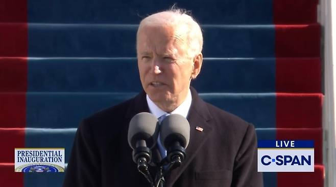 The captured image from the website of US cable news network C-Span shows US President Joe Biden delivering his inaugural address shortly after being sworn in as president at an inauguration ceremony in Washington on Wednesday. (Screenshot captured from C-Span)