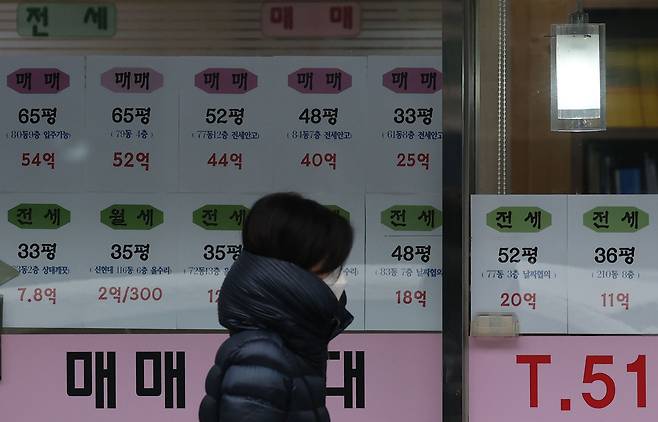 Postings on the window of a real estate agency in Apgujeong-dong, Seoul, show that asking prices of some apartment units in the district are going for at least 4 billion won ($3.6 million) as of Jan. 18. (Yonhap)