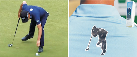 케빈 나가 퍼트 후 곧바로 걸어가 공을 집어 드는 경기 장면을 캡처한 사진. 오른쪽은 ‘워킹 인 퍼트’ 로고를 붙인 그의 셔츠.  코오롱스포츠 제공